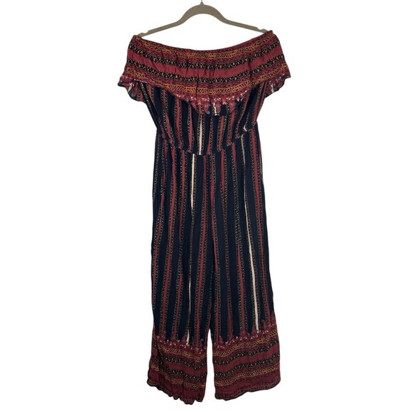 Free People Sz M Simone Flounce Patterned Strapless Jumpsuit  Wide Leg Red Black - Picture 2 of 14